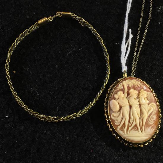 Gilt frame cameo brooch, pair of earrings and a bangle